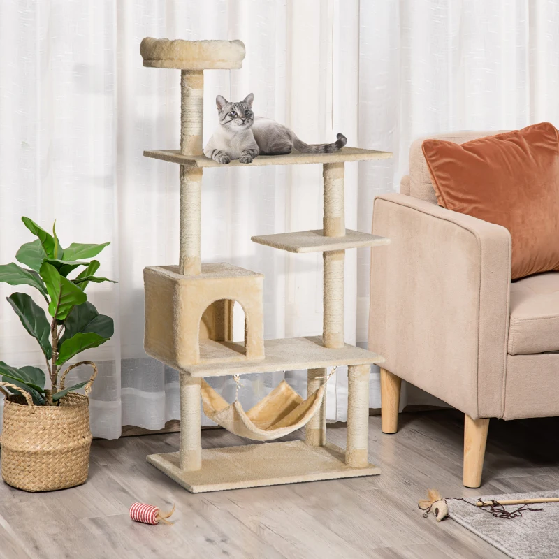 Pawhut Árvore Arranhador para  Gatos com plataformas múltiples Brinquedo suspenso Caverna espaçosa Rede macia Postes de coçar 70x40x152 cm Bege