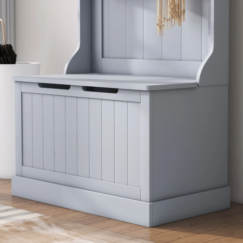 HOMCOM Cuier 3 în 1 cu 4 Cârlige, Bancă Depozitare și Cuier, Mobilier cu Spațiu de Depozitare, 71,5x39,5x170 cm, Gri(m-9)