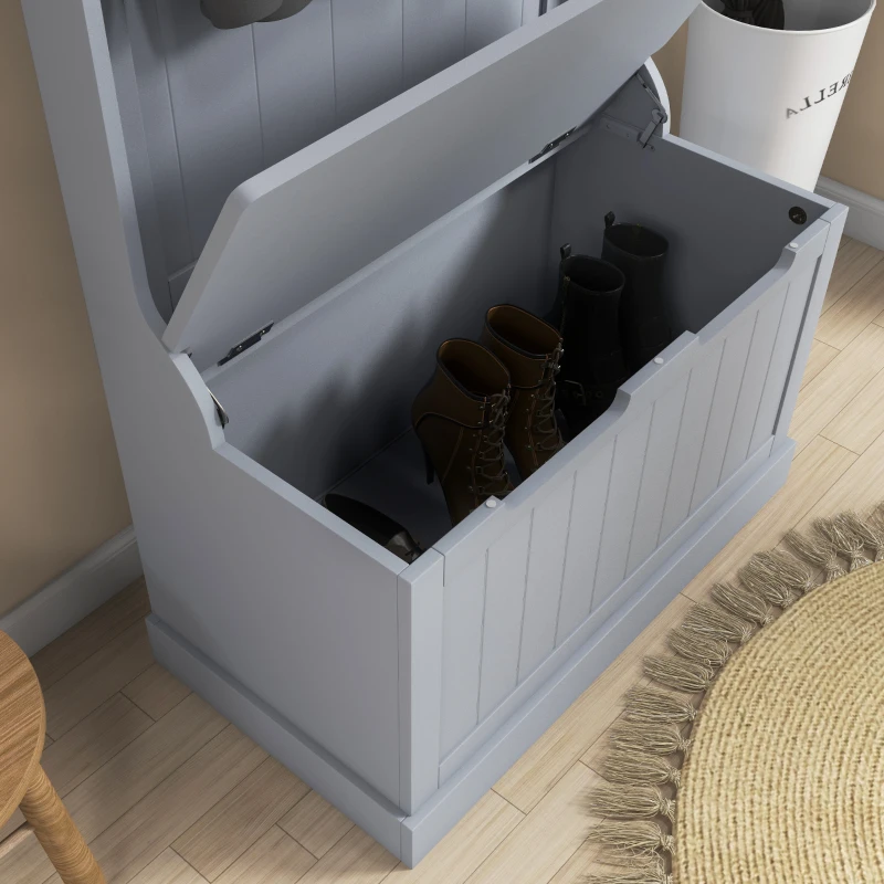 HOMCOM Cuier 3 în 1 cu 4 Cârlige, Bancă Depozitare și Cuier, Mobilier cu Spațiu de Depozitare, 71,5x39,5x170 cm, Gri(m-8)