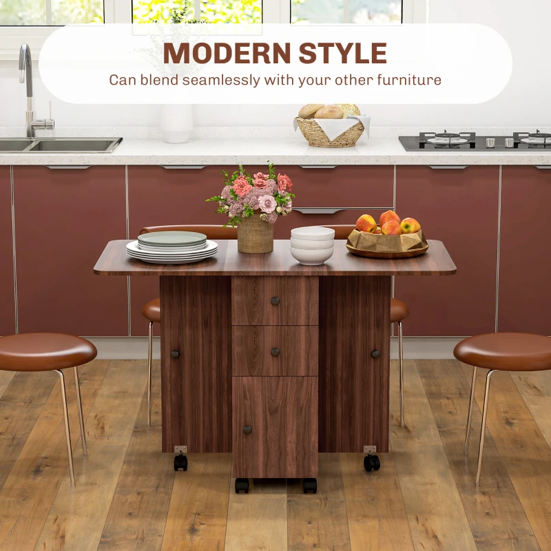 HOMCOM Multi-Storage Six-Person Drop Leaf Dining Table -  Distressed Brown