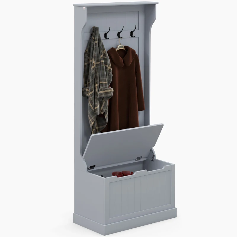 HOMCOM Cuier 3 în 1 cu 4 Cârlige, Bancă Depozitare și Cuier, Mobilier cu Spațiu de Depozitare, 71,5x39,5x170 cm, Gri(m-10)