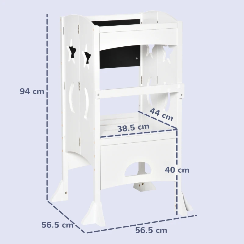 HOMCOM Kids Step Stool Toddler Kitchen Stool with Blackboard Lockable Handrail for Kids Kitchen Counter White(m-3)