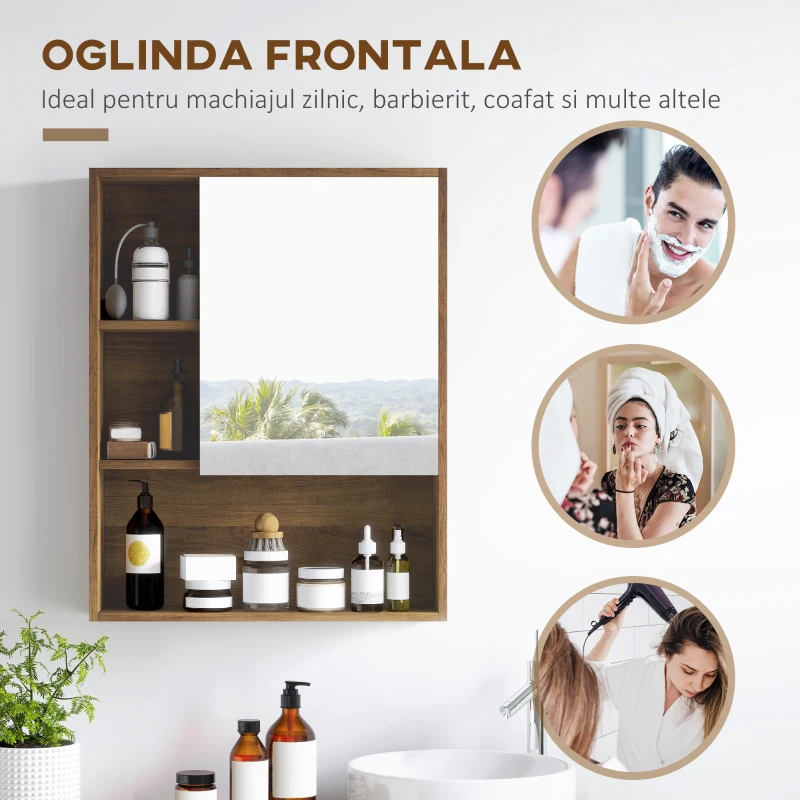 Kleankin Dulap de Baie cu Oglindă și Rafturi Reglabile, Dulap Suspendat pentru Baie, 60x15x76 cm, Lemn Natural