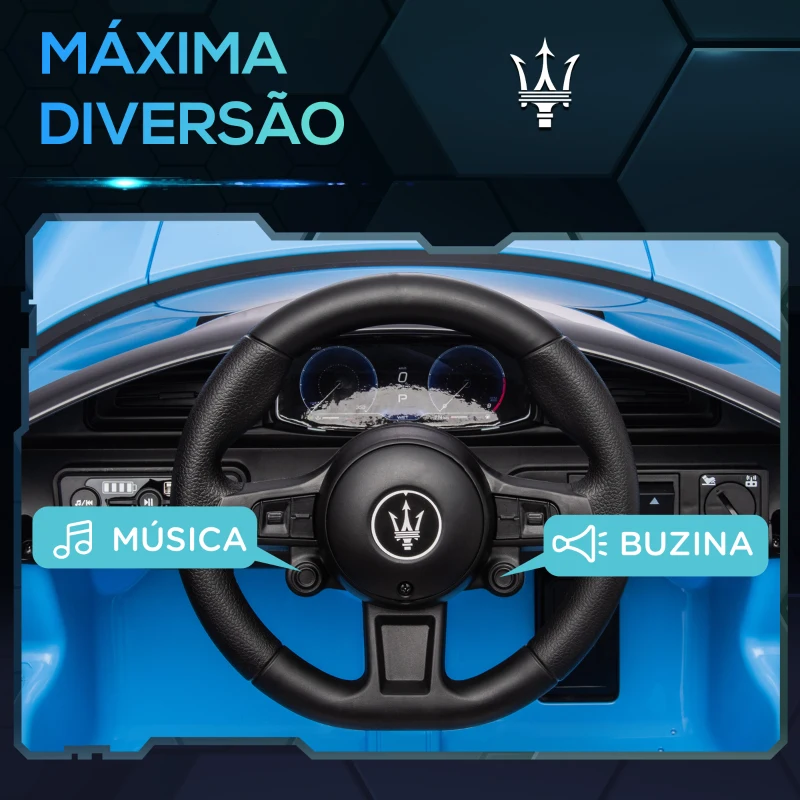 AIYAPLAY Carro Elétrico para Crianças com Licença Maserati MC20 com Bateria 12V Controlo Remoto Farois Buzina e Música 105x65,5x42 cm Azul
