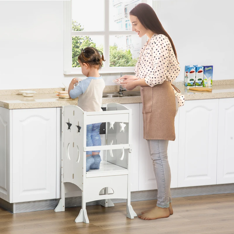 HOMCOM Kids Step Stool Toddler Kitchen Stool with Blackboard Lockable Handrail for Kids Kitchen Counter White(m-2)