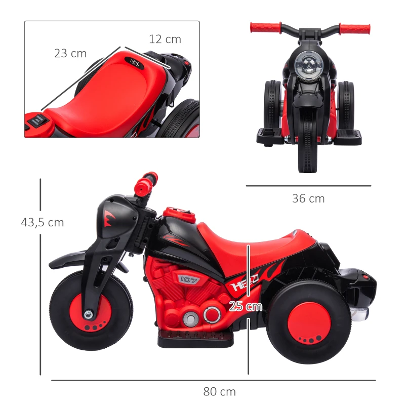 AIYAPLAY Mota Elétrica para Crianças Mota a Bateria 6V com Função de Bolhas Farol Música Motocicleta para Crianças com Velocidade 3km/h Carga 30 kg Vermelho