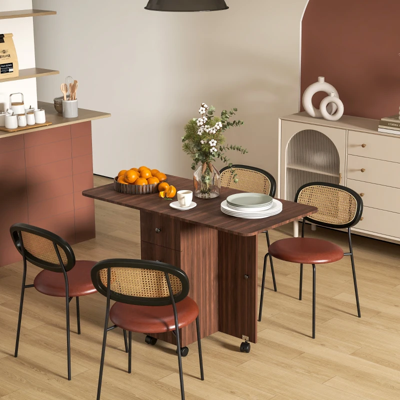 HOMCOM Multi-Storage Six-Person Drop Leaf Dining Table -  Distressed Brown