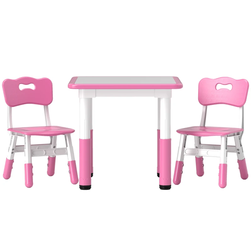 AIYAPLAY Height Adjustable Toddler Table and Chair Set, 3 Pcs Children Activity Table w/ 2 Chairs, for Playroom, Bedroom - Pink