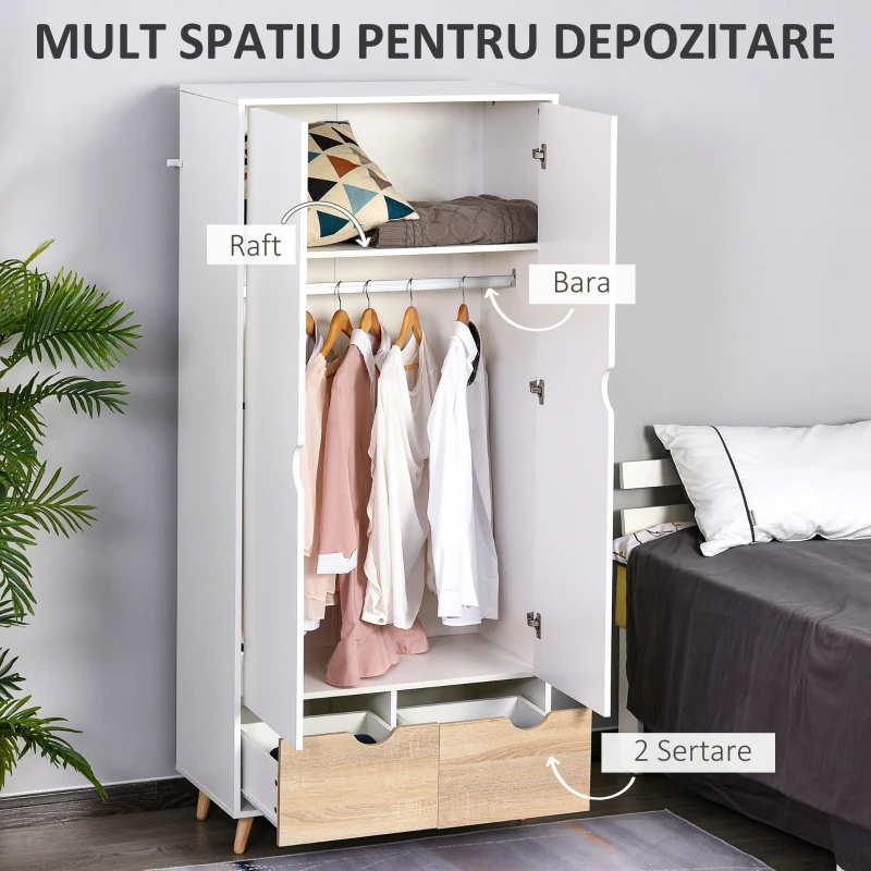 Homcom Dulap Elegant 2 Sertare & Raft pentru Haine – Alb(m-4)