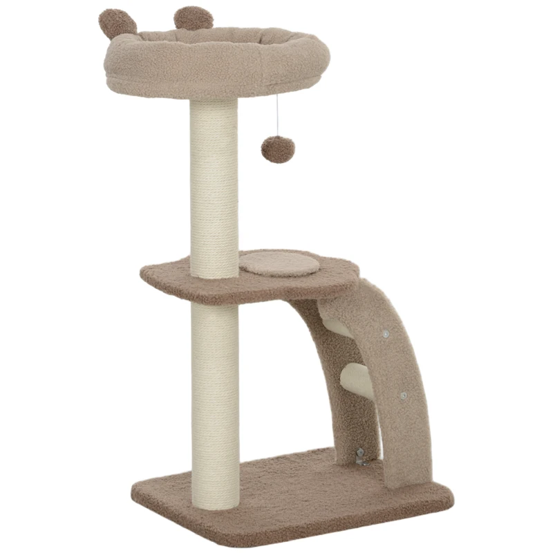 PawHut Cat Tee for Indoor Cats, 88cm Cat Tower with Sisal Scratching Post, Hanging Ball, Large Cat Perch, Stairs, Brown
