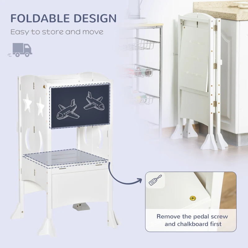 HOMCOM Kids Step Stool Toddler Kitchen Stool with Blackboard Lockable Handrail for Kids Kitchen Counter White(m-4)
