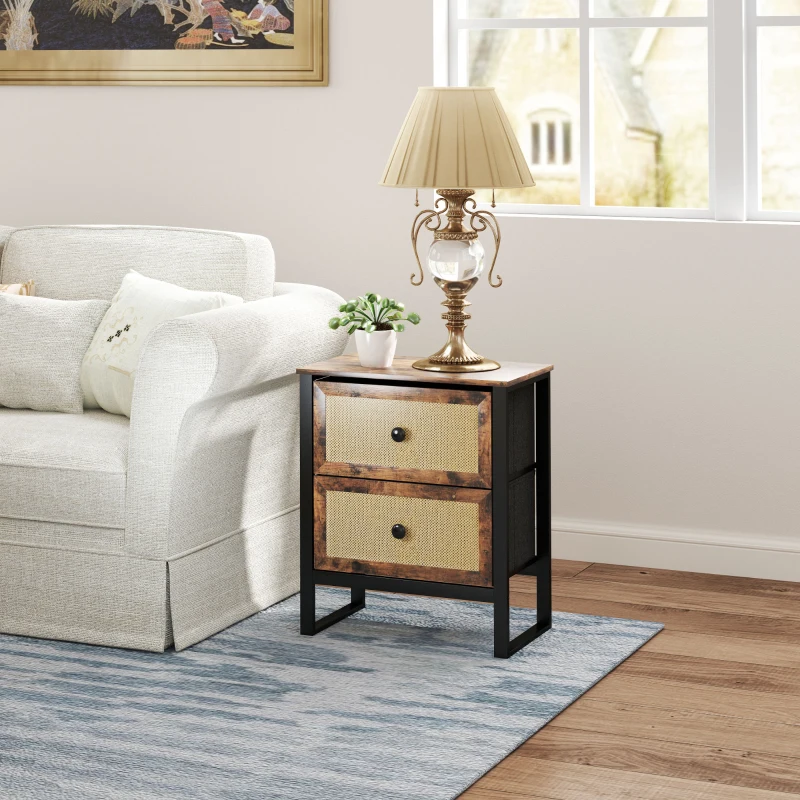 HOMCOM Bedside Table, Side Table with 2 Rattan Drawers, Bedside Cabinet with Storage and Steel Legs for Bedroom, Living Room, Rustic Brown