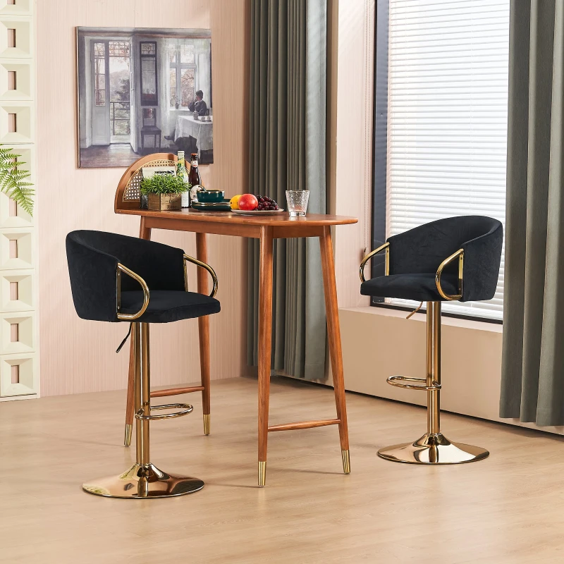 Set di 2 sgabello da bar moderno girevole e regolabile in altezza con schienale e poggiapiedi dorato per cucina, bar e bancone di ristorante, Nero
