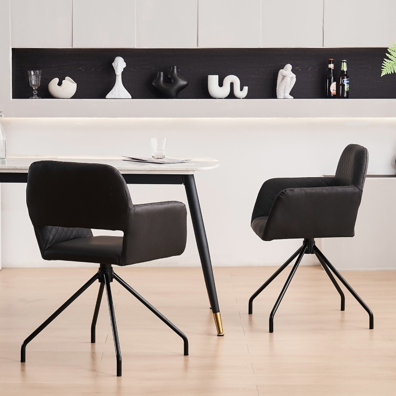 Set di 2 Sedie da pranzo ergonomiche in similpelle con gambe in metallo, Nero