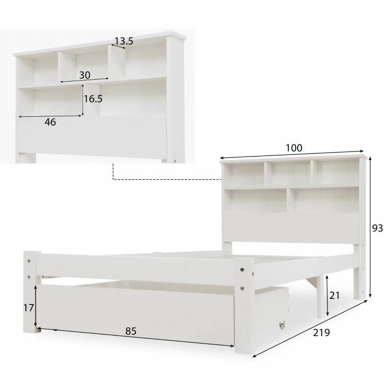 Einzelbett 90x200 Weiss mit Schubladen und Bücherregal, Schrankbett mit Rollen für Jugendliche und Erwachsene
