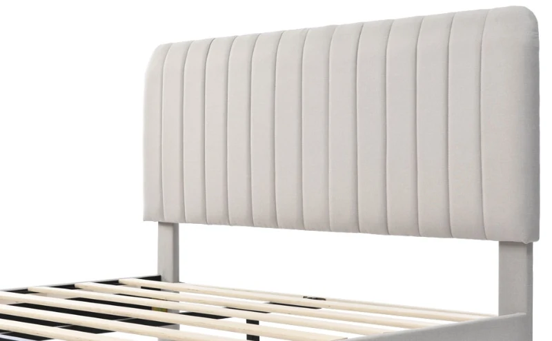 Gepolstertes Doppelbett mit verstellbarem Kopfteil und Lattenrost, Bettgestell und Kopfteil, ideal für Schlafzimmer und Gästezimmer, 180x200 cm, Grau-Beige