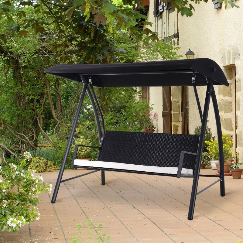 Outsunny Rattan Garden Swing Chair 3-Seater Black