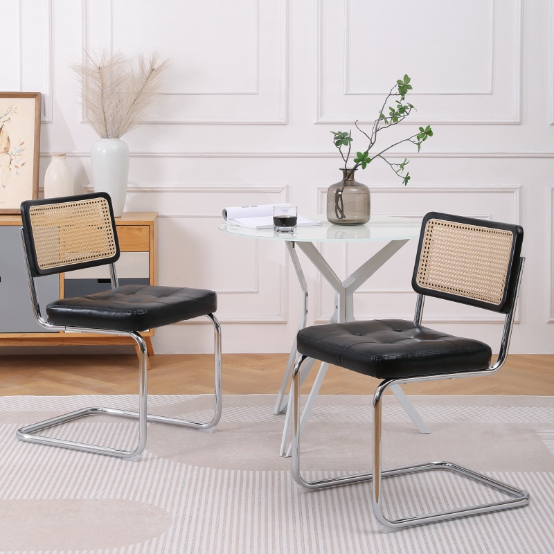 Set Di 2 Sedie Da Pranzo In Rattan E Metallo – Design Moderno Per Cucina, Soggiorno O Balcone – Nero