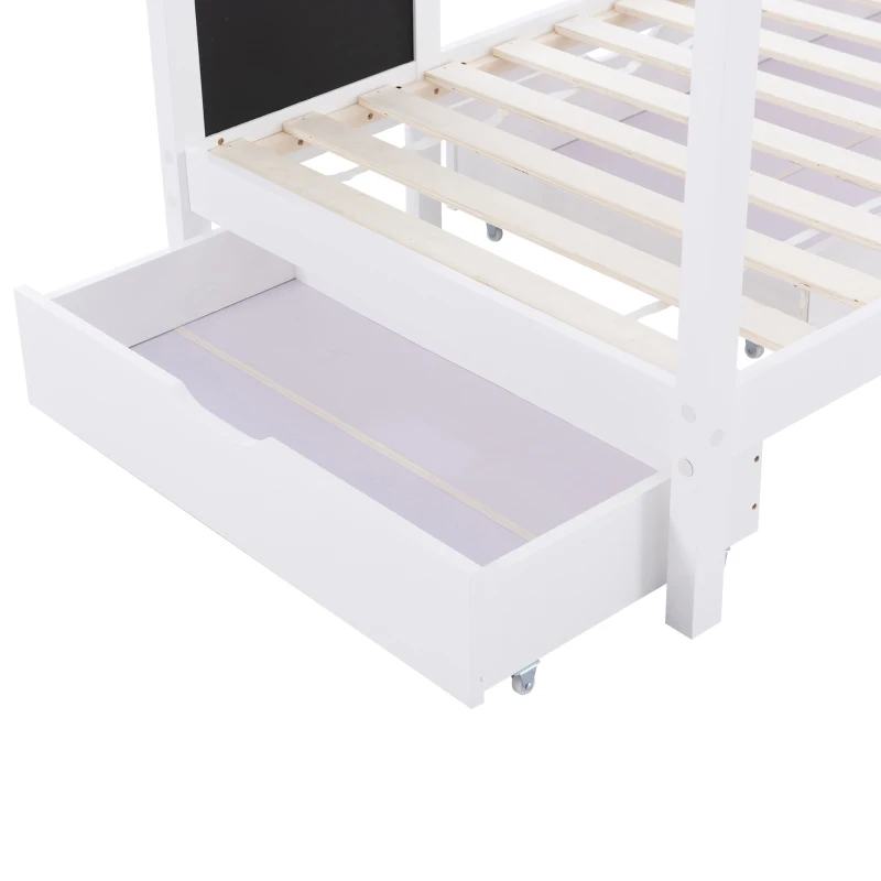 Lit Maison pour Enfants 90x200 cm en Bois Massif avec Tableau, Barrière de Sécurité (Barrière de Lit Enfants) et 2 Tiroirs, Blanc