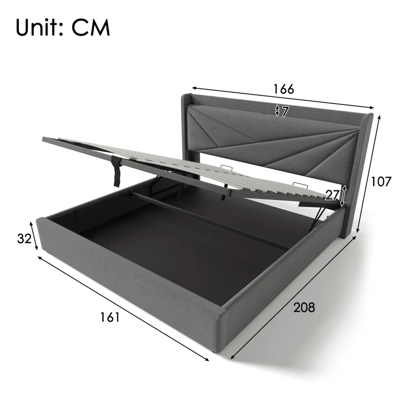 Doppelbett 160x200 mit Stauraum und USB-Ladefunktion, Bettgestell aus Leinen Grau