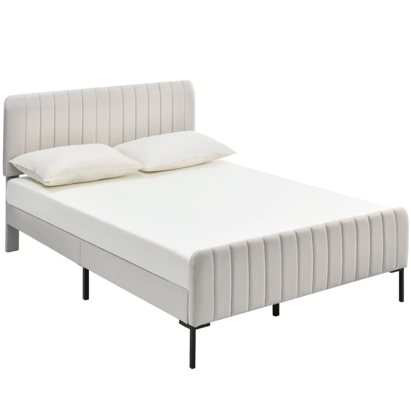 Lit Double Rembourré 160x200 cm avec Tête de Lit Double Rembourrée, Tête de Lit Réglable et Sommier à Lattes, en Tissu, Idéal pour Chambre à Coucher et Invités, Gris-Beige