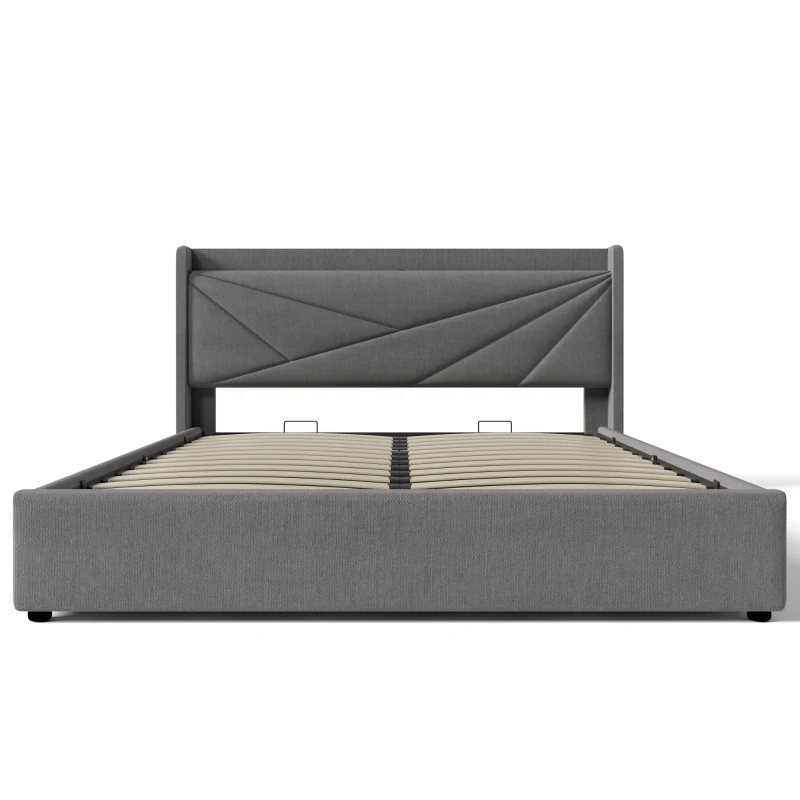 Lit Double avec Rangement, Fonction de Recharge USB Type C et Structure de Lit Double en Lin, Sans Matelas 160x200, Gris