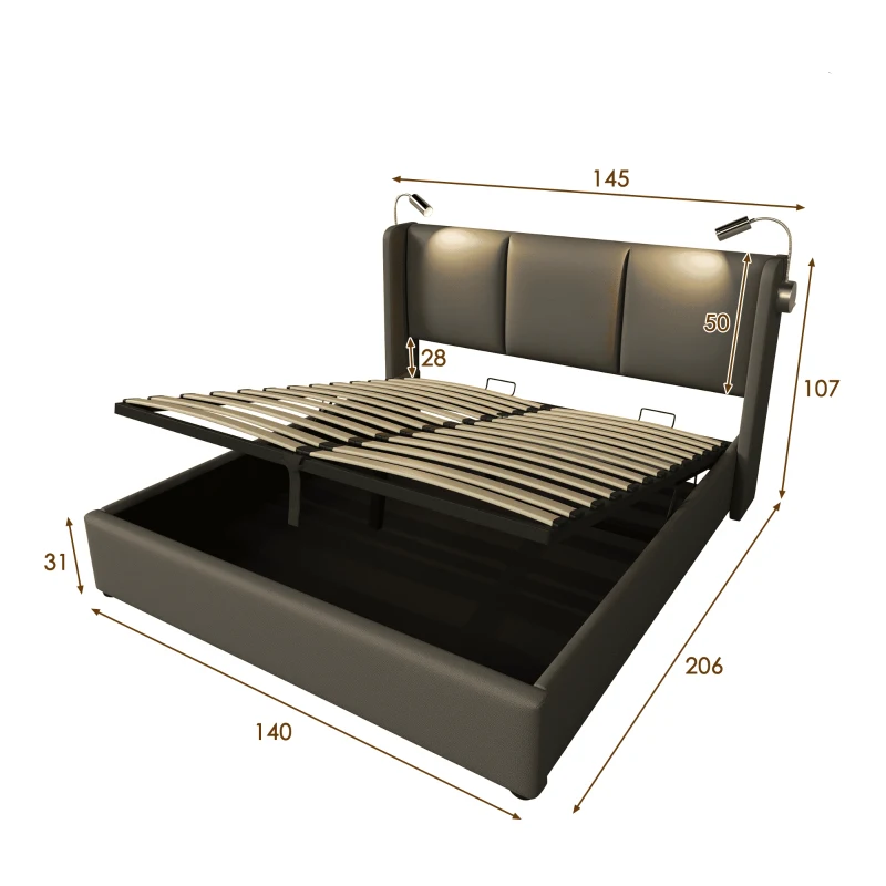 Lit Double avec Rangement, Lumières de Lecture LED et USB Intégré, Tête de Lit Rembourrée, Structure Robuste, 140x200 cm, Gris