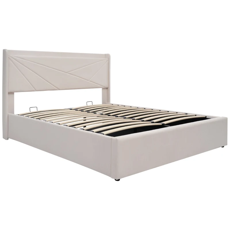 Lit Double avec Rangement et Fonction de Recharge USB Type C, Structure en Lin, Sans Matelas 140x200, Beige