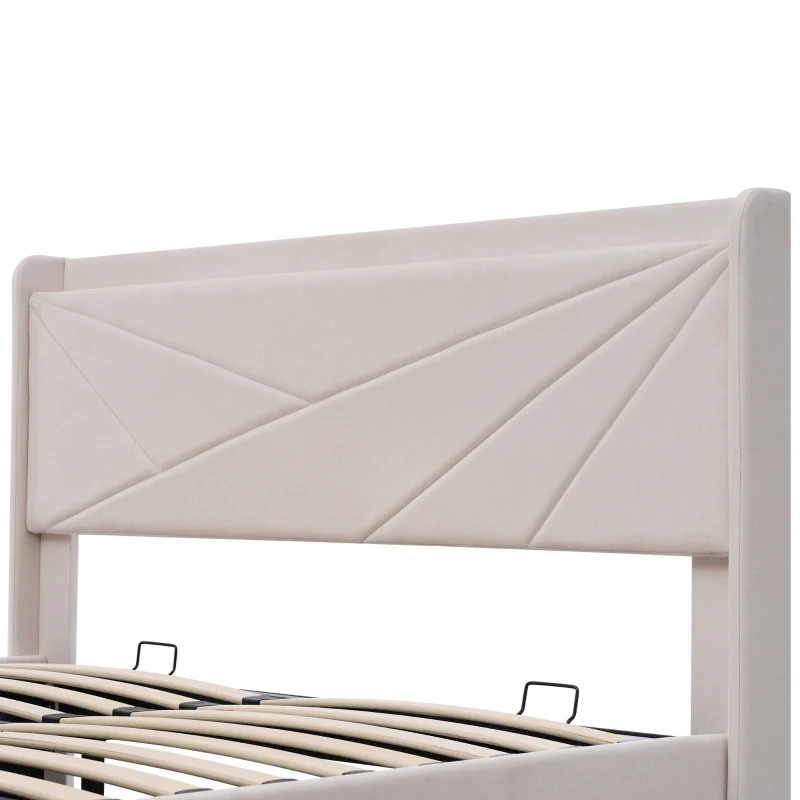 Lit Double avec Rangement et Fonction de Recharge USB Type C, Structure en Lin, Sans Matelas, 180x200 cm,Beige