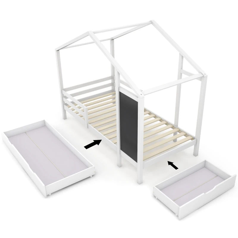 Lit Maison pour Enfants 90x200 cm en Bois Massif avec Tableau, Barrière de Sécurité (Barrière de Lit Enfants) et 2 Tiroirs, Blanc