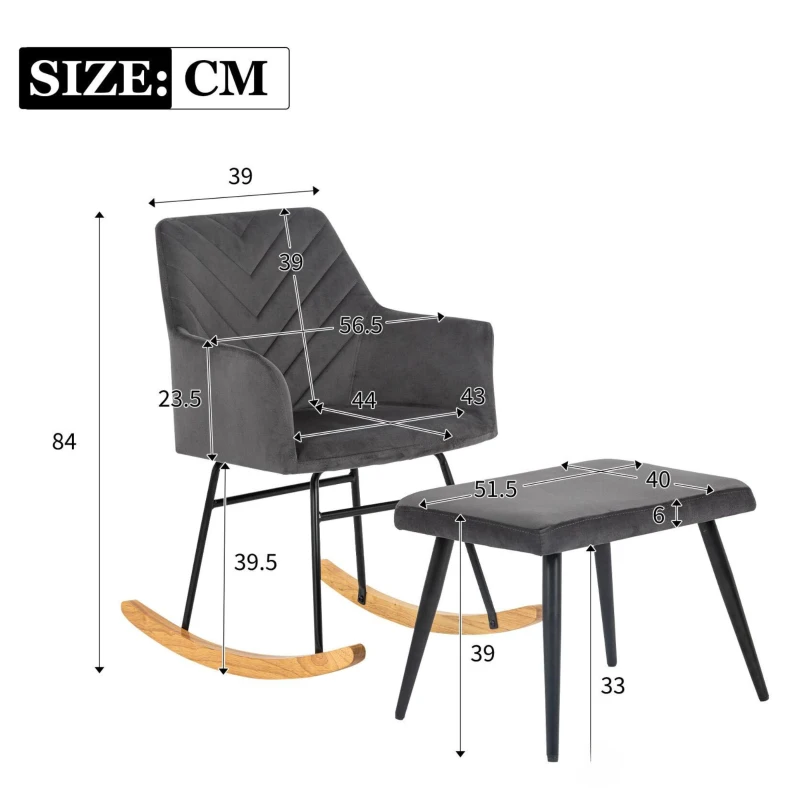 Sedia a dondolo con poggiapiedi, alta 84 cm con seduta larga 43 cm, Grigio