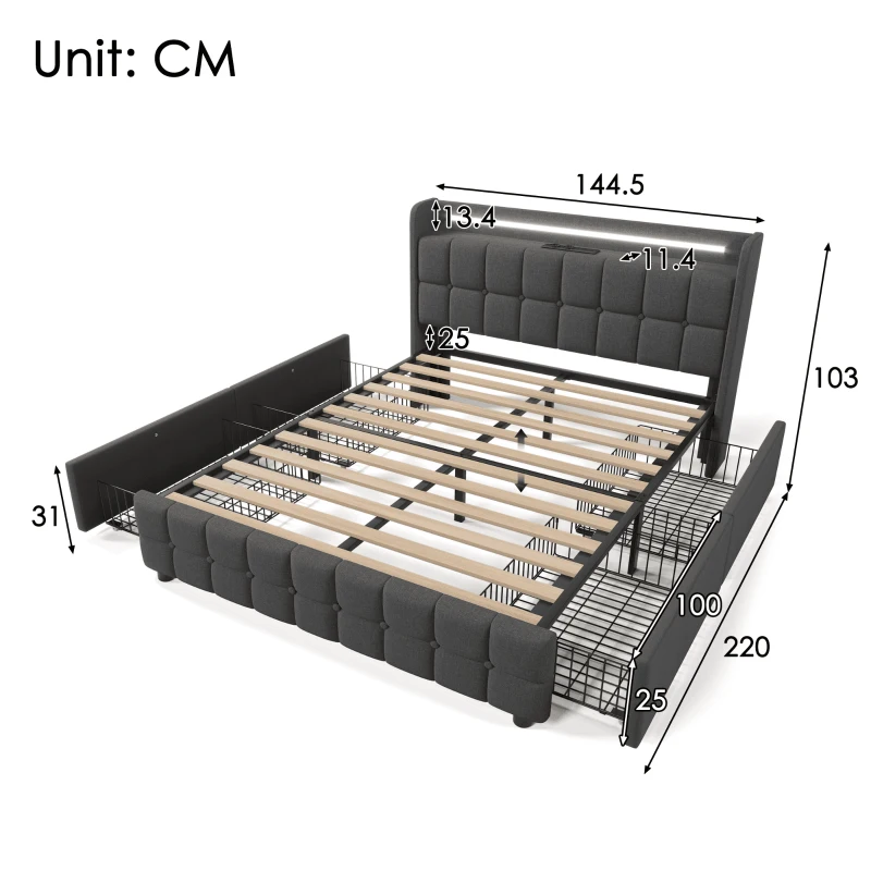 Doppelbett 140x200 mit LED-Beleuchtung und USB-Ladegerät, viel Stauraum, Holzrahmen, modernes Design fürs Bettzimmer, grau