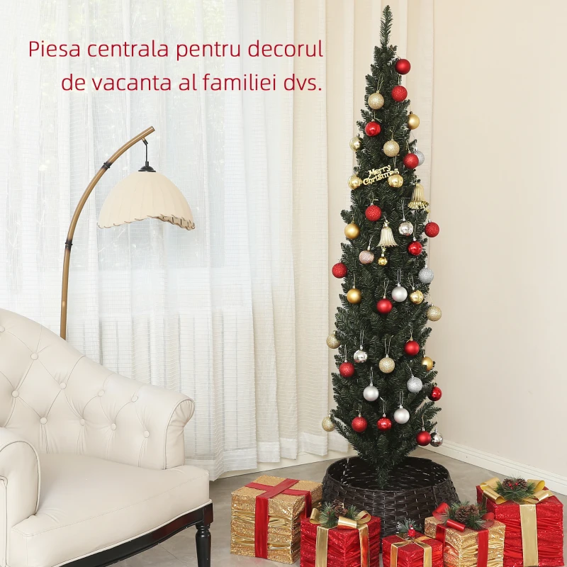 HOMCOM Brad de Crăciun Artificial Înalt de 195 cm cu 390 Crengi, Îngust și Spațiu Economic, Ø55x195 cm, Verde