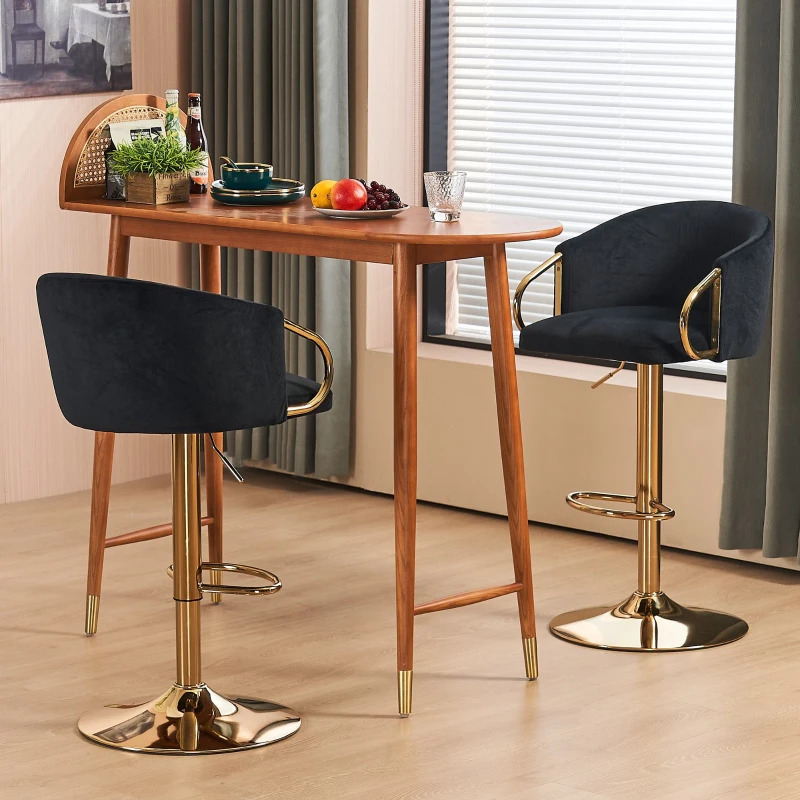 Set di 2 sgabello da bar moderno girevole e regolabile in altezza con schienale e poggiapiedi dorato per cucina, bar e bancone di ristorante, Nero