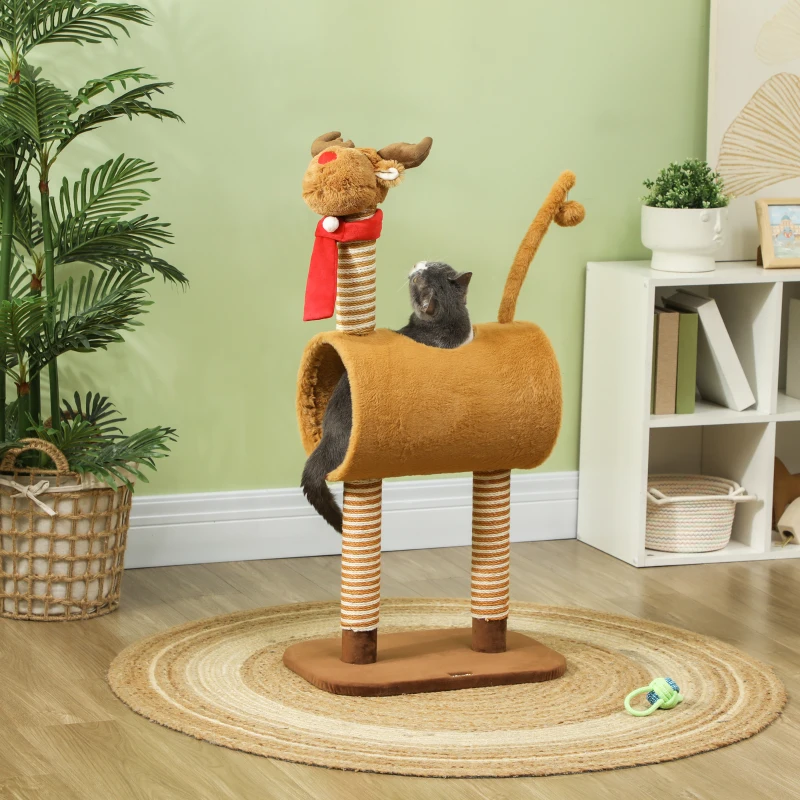 PawHut 98cm Deer Themed Cat Tree with Scratching Posts, Toy Ball, Tunnel, Brown