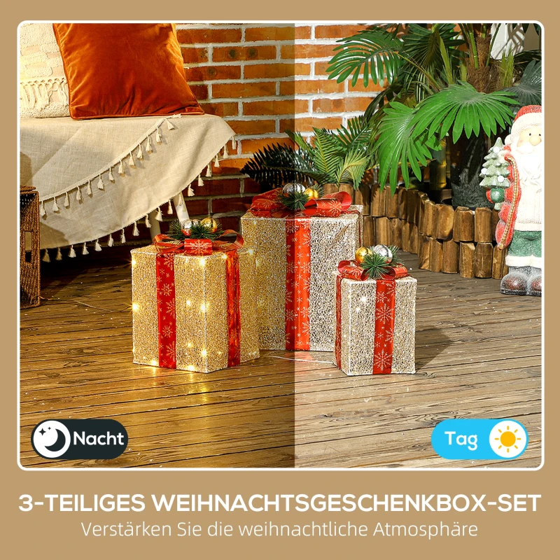 Outsunny 3-delige Kerstdecoratie Geschenkdozenset voor Binnen- en Buitendecoratie, met 58 LED-lampjes, Goudtint