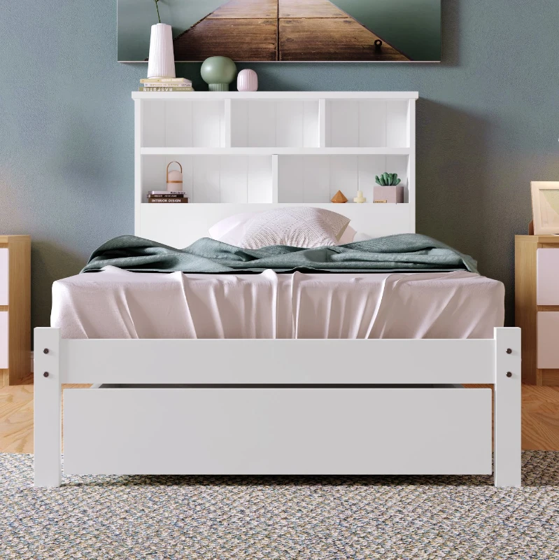 Einzelbett 90x200 Weiss mit Schubladen und Bücherregal, Schrankbett mit Rollen für Jugendliche und Erwachsene