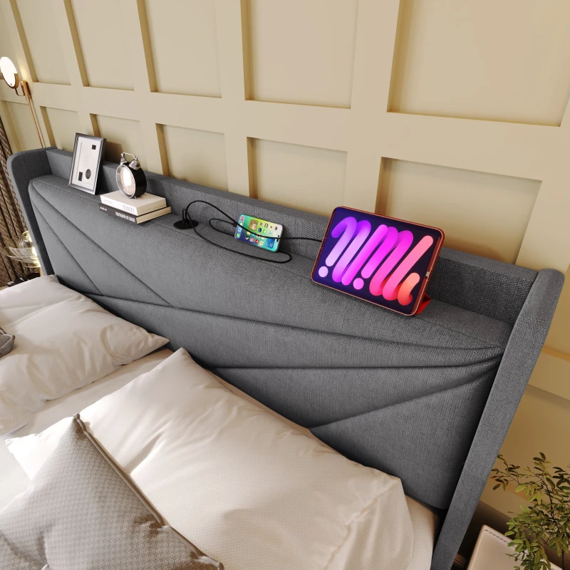 Doppelbett 160x200 mit Stauraum und USB-Ladefunktion, Bettgestell aus Leinen Grau