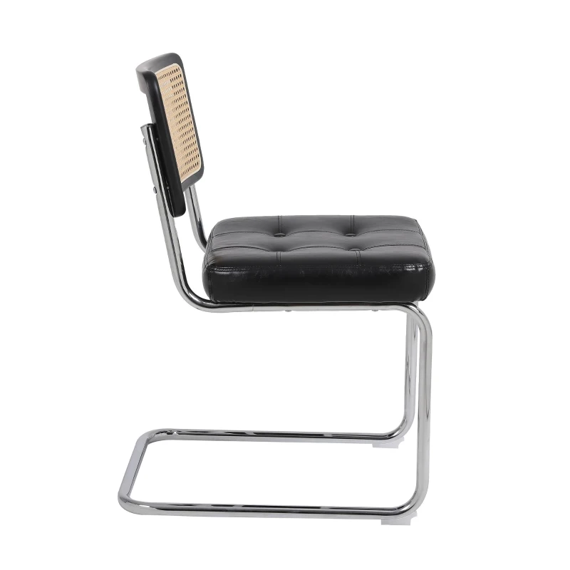 Set de 2 scaune de prânz din ratan, spătar din plasă fără brațe, picioare din metal cromat, Negru