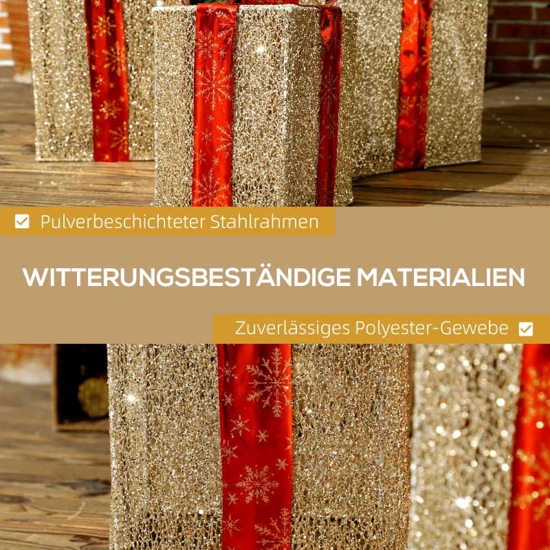 Outsunny 3-delige Kerstdecoratie Geschenkdozenset voor Binnen- en Buitendecoratie, met 58 LED-lampjes, Goudtint