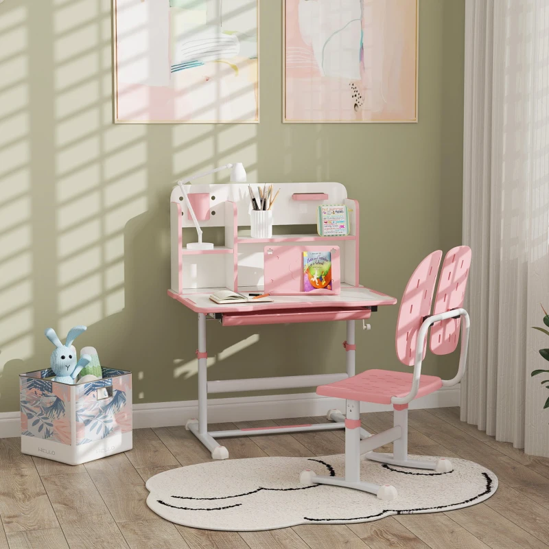 AIYAPLAY Height Adjustable Kids Desk and Chair Set, Children School Study Desk with Tiltable Desktop, Reading Rack,  Pink