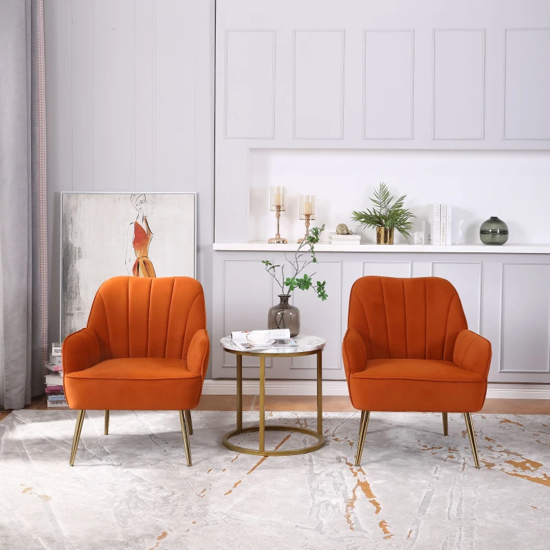 Set de 2 scaune de living din catifea, Design ergonomic, Culoare portocaliu