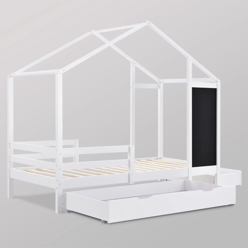 Lit Maison pour Enfants 90x200 cm en Bois Massif avec Tableau, Barrière de Sécurité (Barrière de Lit Enfants) et 2 Tiroirs, Blanc