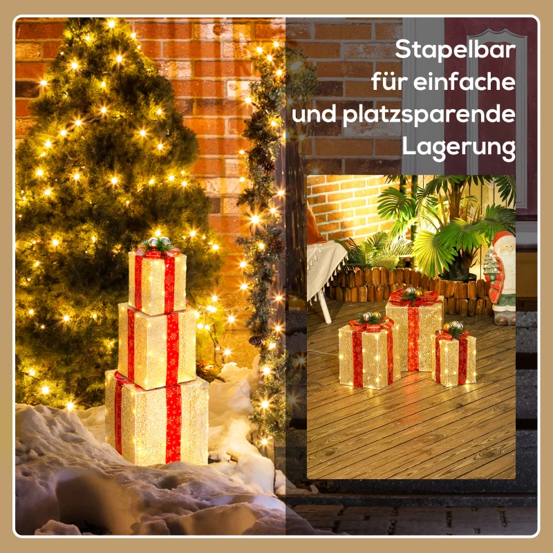Outsunny 3-delige Kerstdecoratie Geschenkdozenset voor Binnen- en Buitendecoratie, met 58 LED-lampjes, Goudtint