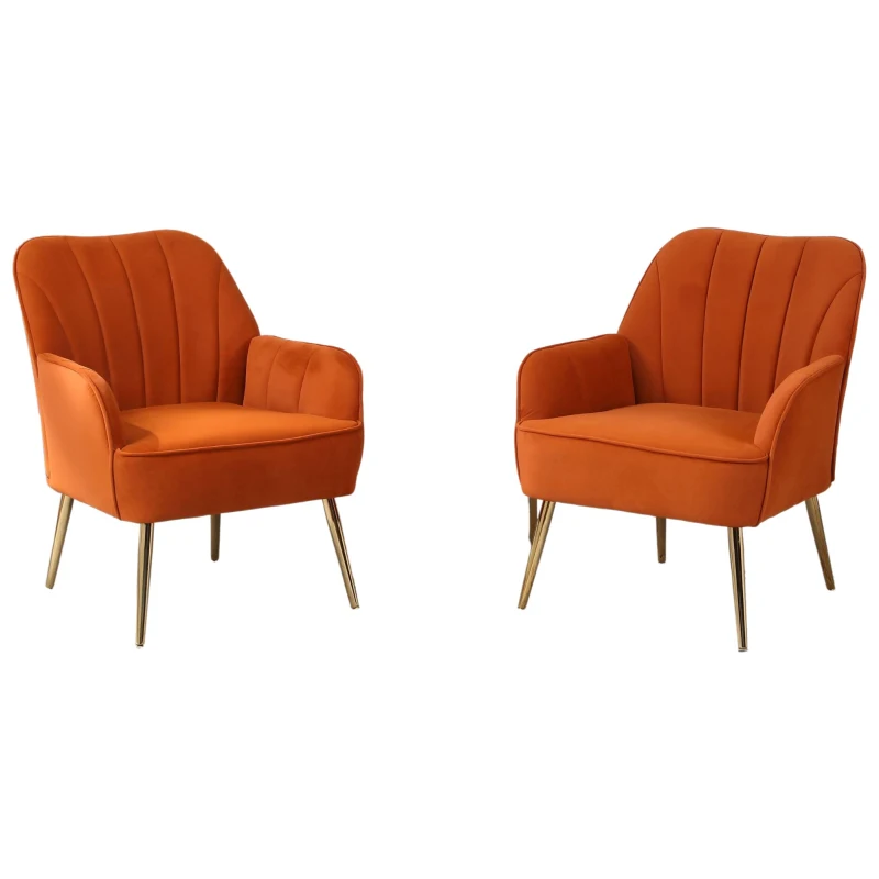 Set de 2 scaune de living din catifea, Design ergonomic, Culoare portocaliu