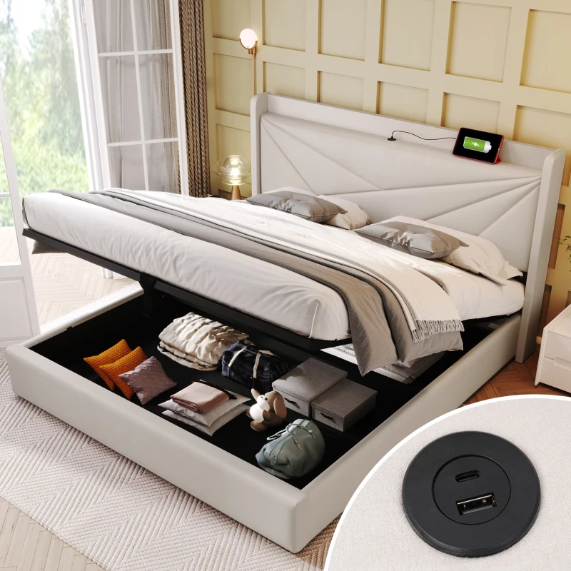 Doppelbett mit Stauraum, USB-Typ-C-Ladefunktion und Bettgestell aus Leinen, ohne Matratze 160x200, Beige