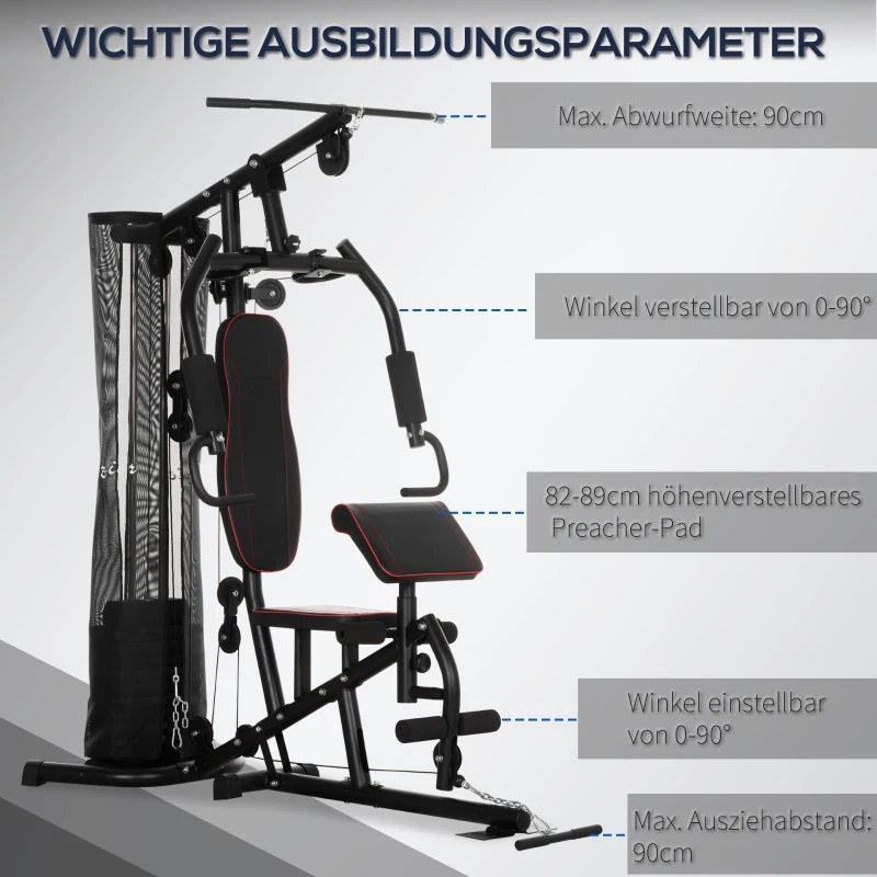HOMCOM Fitnessapparaat voor thuis, Trainingsstation, Halterbank, Borstpers, Staal, 170x104x205 cm, Zwart