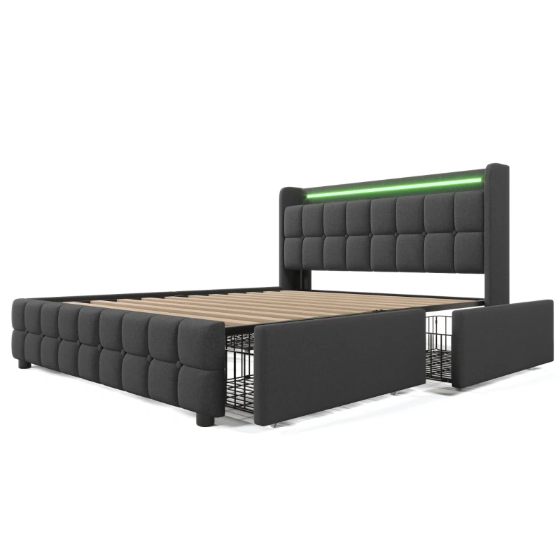 Doppelbett 140x200 mit LED-Beleuchtung und USB-Ladegerät, viel Stauraum, Holzrahmen, modernes Design fürs Bettzimmer, grau