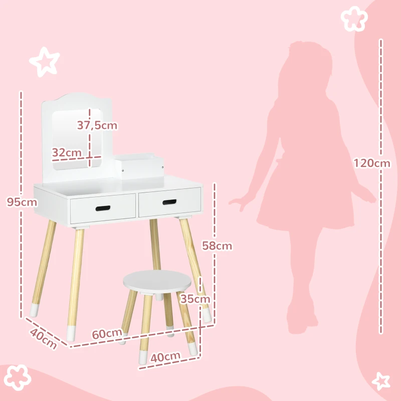 ZONEKIZ Toucador Infantil de Madeira com Banco Espelho e 2 Gavetas Brinquedo Educativo para Crianças de 3-6 Anos 60x40x95cm Branco