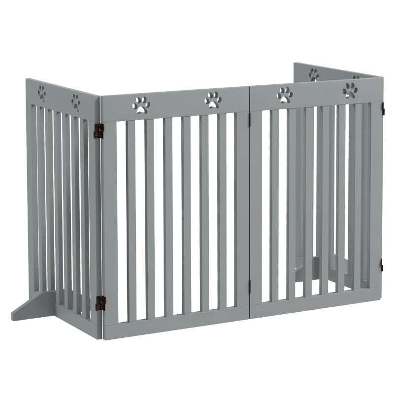 PawHut Wooden Pet Gate Foldable Freestanding Dog Safety Barrier w/ Support Feet, Grey